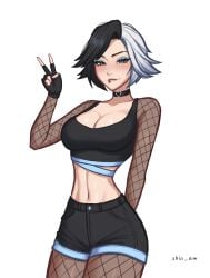 1girls big_breasts biting_lip cleavage fishnets goth goth_girl luna_snow luna_snow_(marvel_rivals) marvel marvel_rivals midriff narrow_waist navel peace_sign shio_aw thick_thighs v