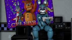 2017 3d animatronic anthro book breasts buckteeth female five_nights_at_freddy's five_nights_at_freddy's_2 furry highres lagomorph machine mammal masturbation nipples non-mammal_breasts nude rabbit robot rule_63 solo source_filmmaker teeth toy_bonnie_(fnaf) xboxking37