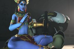 1girls 3d alternate_costume animated blue_skin blueberg devi_symmetra female goddess gorilla handjob human indian interspecies male no_sound overwatch penis shorter_than_30_seconds shorter_than_one_minute source_filmmaker straight symmetra video winston