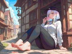 ai_generated barefoot bubble_gum cap cyberpunk:_edgerunners feet foot_fetish foot_focus gigatsu lucyna_kushinada multicolored_hair outdoors toes village