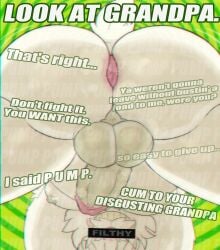 2d anus covered_eyes dialogue furry gay goon_caption gooner gooning grandfather grandparent grin huge_ass huge_cock hypnosis hypnotizing_viewer implied_incest male_only messy musk nipples old_man older_male overweight overweight_male pov puffy_anus questionable_consent rabbit rofakuro shiro_(rofakuro) solo sweat talking_to_viewer text ugly_bastard ugly_manv