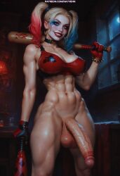 1futa 1futanari abs ai_generated baseball_bat big_breasts big_penis dc_comics futa_focus futanari gloves harley_quinn muscle nayvenn stable_diffusion veiny_penis