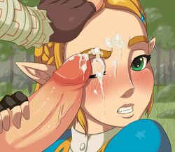 1boy 1boy1girl 1girls blonde_hair blue_eyes blush braid breath_of_the_wild cum cum_on_face erection face facial female fingerless_gloves hairclip hand_on_another's_head hylian large_penis link link_(breath_of_the_wild) lips looking_at_viewer male manual nintendo nose one_eye_closed outdoors pale_skin penis pink_lips pointy_ears princess_zelda sandyrex straight teeth the_legend_of_zelda thick_eyebrows tied_hair uncensored zelda_(breath_of_the_wild)