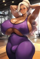 1dickgirl 1futa 1futanari ai_generated armpits blonde_hair blush bulge bulge_through_clothing dark-skinned_female dark_skin dark_skinned_futanari dickgirl dickgirl_only futa_only futanari heavy_breathing huge_breasts huge_nipples nipples_covered nipples_visible_through_clothing ponytail purple_sports_bra purple_yoga_pants seductive_eyes seductive_look seductive_smile sideboob sports_bra steaming_body thick_thighs underboob yoga_pants