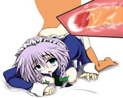 after_sex blue_eyes bow clothed_sex clothing crossover cum doggy_style jackalman large_breasts penis sakuya_izayoi stockings tetsuno thundercats touhou uncensored vaginal_penetration white_hair x-ray