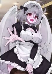 cracked_skin embarrassed flying_sweatdrops grey_hair large_breasts maid maid_apron maid_headdress maid_uniform medium_hair open_mouth pink_skin reaching_towards_viewer red_eyes sweatdrop weeping_angel