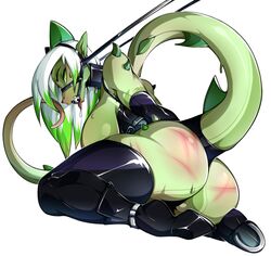 anthro arms_behind_back ball_gag bondage bound breasts clothing femsub gag green_eyes hoof_boots kneeling legwear looking_back petplay ponyplay reins reptile roleplay saliva scalie spikes sweat thigh_highs tongue tongue_out venusflowerart whip_marks