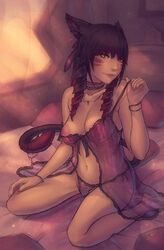 animal_ears babydoll barefoot black_hair bracelet breasts cat_ears choker drill_hair earrings facial_mark female final_fantasy final_fantasy_xiv kneeling lingerie looking_at_viewer miqo'te nail_polish navel nipples off_shoulder panties red_hair smile solo soranamae strap_pull sunlight two_tone_hair underwear wariza yellow_eyes