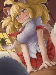 1boy animal_ears blonde_hair blush breasts clothed_sex female kemono_friends large_breasts lion_(kemono_friends) sex skirt tayuura_(kuwo) tongue vaginal_penetration yellow_eyes