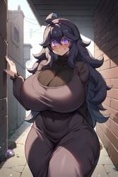 ai_generated alley alleyway big_breasts big_hips blush glowing_eyes hex_maniac huge_breasts huge_hips huge_thighs large_breasts pokemon smiling thick_thighs