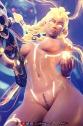 1girls 3d blizzard_entertainment breasts dark-skinned_female dark_skin female forceballfx illari_(overwatch) latina nipples overwatch pubic_hair pussy solo