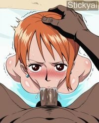 ai_generated beach fellatio large_breasts nami nami_(one_piece) one_piece oral orange_hair pov pre-timeskip short_hair stickyai