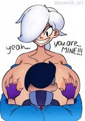 big_breasts brawl_stars breasts colette_(brawl_stars) edgar_(brawl_stars) female femdom licking licking_breast mad sucking sucking_breasts teeth white_hair