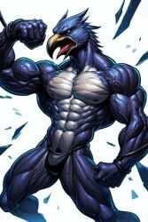 abs ai_generated anthro athletic athletic_anthro athletic_male avian beak biceps big_muscles bird black_body bound cuff_(restraint) cuffs feathers growth male male_only muscle_growth muscular muscular_anthro muscular_male navel nipples nude panties pecs ripped_muscles solo standing thick_thighs torn_clothes transformation triceps underwear veiny_biceps veiny_muscles yellow_beak