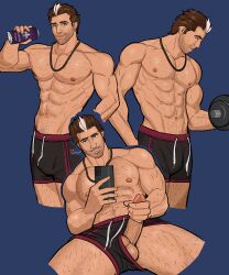 arron_freeman_(wyldecard) beard_stubble brown_hair bulge bulge_under_clothes chains chest cock commission commission_art commissioner_upload drinking drinking_soda dumbell dumbells energy_drink exercise exercise_equipment exercise_shorts exercising exposed_chest exposed_torso gay green_eyes gym gym_setting gym_shorts gym_shorts_only hairy hairy_abs hairy_arms hairy_chest hairy_legs hairy_male hairy_stomach heart heart_symbol holding_cock holding_penis leg_hair looking_at_viewer male male_only mallen_streak necklace nipples notoriousb33t pecs pecs_out pectoral_cleavage penis penis_out_of_shorts penis_through_leghole precum precum_bubble precum_on_penis saints_flow saints_row selfie selfie_with_penis shorts shorts_only smile smiling smiling_at_viewer soda soda_can solo_male spread_legs taking_picture taking_selfie white_streak working_out workout workout_equipment