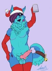 2016 animal_genitalia animal_penis anthro armpits balls bell big_tail canine canine_penis christmas collar eyewear fur goggles goggles_character hair hat heart holidays hot_chocolate husky invalid_tag knot looking_at_viewer male male_only mammal penis santa_hat simple_background smile solo tongue tongue_out wireframedragon