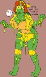 1female april_o'neil april_o'neil_(tmnt_1987) big_breasts big_lips bob_cut covered_in_slime green_skin hourglass_figure mutagen mutation partially_clothed post_transformation ripped_clothing solo_female species_transformation teenage_mutant_ninja_turtles toxic_waste transformation turtle_humanoid turtle_shell wide_hips xxxx52 yellow_bandanna yellow_jumpsuit