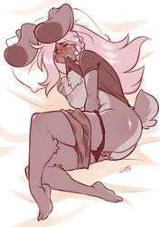 2017 anthro big_breasts blush breasts chalo clothing female fur hair lagomorph las_lindas long_hair mammal masturbation monochrome multicolored_fur nipples pink_hair rabbit solo taffy_rudiger two_tone_fur white_fur