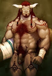 1boy abs ballsack bandage bara beard body_hair braided_hair facial_hair flaccid foreskin hairy horns male male_nipples male_only muscles muscular_male nipples ogre partially_retracted_foreskin pecs penis pockyrumz pointy_ears red_hair solo tattoos testicles tusks uncut veiny_penis