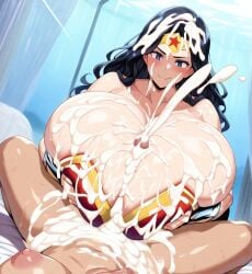 1futa 1girls ai_generated big_breasts black_hair breasts_bigger_than_head cum cum_drip cum_on_body cum_on_breasts cum_on_face cumshot dc dc_comics engulfing_paizuri enormous_breasts ftggtgg futanari gigantic_breasts huge_breasts hyper_breasts large_breasts massive_breasts paizuri revealing_clothes wonder_woman wonder_woman_(series)