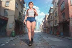 ai_generated ellie_(the_last_of_us) mini-shorts, thick_thighs walking wet_clothes