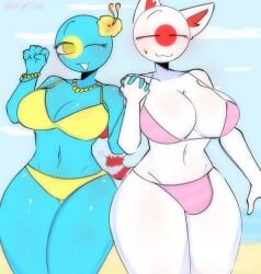 2girls among_us_reference beach big_breasts big_thighs bikini cat_ears cat_tail catgirl countryhumans countryhumans_girl eyes_closed flower_on_head futanari holding_hands japan_(countryhumans) jewelry kak0yt0_chel palau_(countryhumans) pink_bikini tagme yellow_bikini