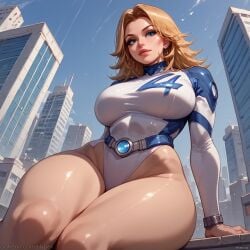 ai_generated alternate_version_at_source big_breasts blonde_hair bodysuit bodysuit_open city_background female hypet invisible_woman invisible_woman_(marvel_rivals) legs_focus legs_together marvel marvel_rivals ripped_bodysuit ripped_clothing shiny shiny_skin sitting solo sue_richards sue_storm tagme thick thick_ass thick_legs thick_thighs thighs