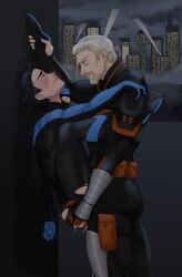 2boys against_wall age_difference anal anal_sex batman_(series) beard black_hair_bottom blue_eyes bodysuit city cum_dripping dc dc_comics deathstroke dick_grayson duo duo_focus flexible gay gay_sex gotham_city helmet leg_grab leg_up light_hair_on_dark_hair male male/male male_focus male_only male_penetrated male_penetrating midosune muscular muscular_male nighttime nightwing older_dom_younger_sub older_man_and_younger_boy older_penetrating_younger outdoor_sex outdoors ripped_bodysuit ripped_clothing slade_wilson stand_and_carry_position standing_sex tear tears_on_cheek teen_titans tight_clothing white_beard white_hair white_hair_on_black_hair yaoi