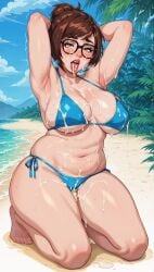 ai_generated areola_slip armpits arms_up bangs barefoot beach bikini black-framed_eyewear blue_bikini blue_sky blush breasts brown_eyes brown_hair bukkake cloud covered_nipples cum cum_in_mouth cum_on_body cum_on_breasts cum_on_hair cum_on_lower_body cum_on_upper_body cum_pool cumdrip day facial female full_body glasses kneeling large_breasts looking_at_viewer mei_(overwatch) navel ocean outdoors overwatch plump sand side-tie_bikini sidelocks sky solo stomach suggestive_fluid sweat swept_bangs swimsuit teeth tongue tongue_out