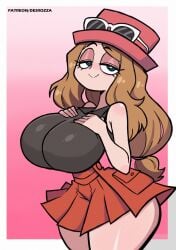 1female 1girls bedroom_eyes big_breasts breasts clothed desrozza eyelashes female female female_focus female_only glasses hands_on_breasts hat hourglass_figure light_brown_hair long_hair looking_at_viewer pokemon pokemon_xy serena_(pokemon) serena_(pokemon_games) skirt small_waist smile smiling smiling_at_viewer thick_thighs thighs tiny_waist