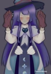 clothing confused_look femboy hands_on_hips humanoid male prune_juice_cookie purple_hair solo waist_grab witch_costume witch_hat