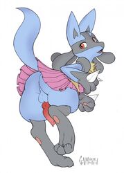 1boy 3_toes animal_genitalia animal_penis anthro anus ass barefoot bent_over big_ass black_fur blue_fur canine canine_penis digitigrade edit erection fur furry gunmouth hi_res hindpaw knot looking_away looking_back lucario male male_only mammal nintendo one_leg_up pawpads paws pawtsun penis perineum pokemon pokemon_(species) pokemon_dppt presenting presenting_hindquarters red_eyes simple_background skirt smile solo spikes tail teasing text toe_curl toes topless veins veiny_knot video_games white_background wide_hips yellow_fur