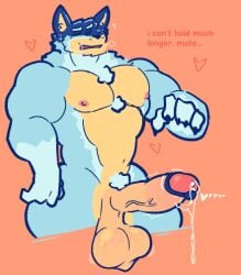 2025 anthro areola australian_cattle_dog balls bandit_heeler bara barazoku biceps big_balls big_muscles big_penis bluey_(series) blush bodily_fluids body_hair breath canid canine canis cattledog chest_hair claws closed_eyes dialogue domestic_dog dripping english_text erection eyebrows fur genital_fluids genitals glans heart_symbol herding_dog humanoid_genitalia humanoid_penis lose_it_mister male mammal motion_lines muscular muscular_anthro muscular_male navel nipples nude open_mouth pastoral_dog pecs penis precum precum_drip precum_string pubes red_background saggy_balls simple_background solo standing text thick_arms thick_penis throbbing throbbing_balls throbbing_penis tuft vein