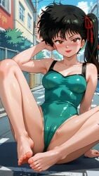 ai_generated asian asian_female athletic_female bare_legs bare_thighs barefoot black_hair brown_eyes clothing gym_clothes kodachi_kuno light-skinned_female light_skin looking_at_viewer momohachi_r pussy_visible_through_clothes ranma_1/2 side_ponytail small_breasts smiling solo_female squatting sweat sweatdrop thighs