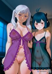 2girls ai_generated big_breasts black_clover black_hair bottomless breasts curvy geasseros hi_res horns hourglass_figure huge_breasts large_breasts looking_at_viewer nightgown nipples no_bra no_panties noelle_silva petite purple_eyes pussy red_eyes secre_swallowtail see-through short_hair silver_hair size_difference small_breasts thick_thighs thighs twintails voluptuous