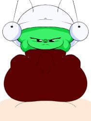 1boy 1boy1girl 1girls angry angry_expression angry_face animated annoyed annoyed_expression antennae anthro bawp_(uldd) beat_banger black_eyes black_nose breasts ditto_(uldd) female female_focus garfieldreal12 green_body green_fur green_hair green_skin looking_at_viewer male_pov pov rule_63 small_nose titjob titjob_under_clothes transparent_background white_hat