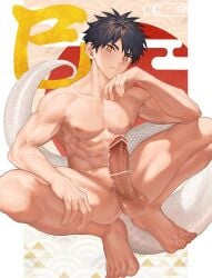 1boy abs ass_visible_through_thighs balls biceps big_areola big_balls big_eyes big_penis black_hair blush censor_bar censored censored_penis collarbone complete completely_nude crouching erect_nipples erection eyelashes feet foreskin_folds frenulum gay hand_on_chin hi_res huge_cock humanoid kanji looking_at_viewer looking_down male male_only manly mature_male muscles muscular muscular_arms muscular_legs muscular_male muscular_thighs navel nayoshi_(r-744) neutral_expression orange_eyes original original_character pecs penis pointless_censoring pointy_chin pubic_hair scales shadow short_hair six_pack slit_pupils snake_humanoid snake_tail solo spread_legs squatting thick_penis toes veiny_arms veiny_belly veiny_penis white_border yaoi year_of_the_snake young