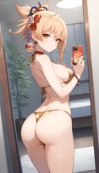 1girls ai_generated arm_tattoo bangs big_ass big_breasts big_butt bikini blonde_female blonde_hair blonde_hair genshin_impact hair_ornament high_resolution highres hoyoverse jasse mirror mirror_selfie tagme thighs yoimiya_(genshin_impact)