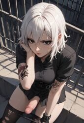 1futa ai_generated balls black_eyes bracelet erection from_above futa_only futanari goth goth_futa hand_on_hair jamesbron legwear medium_breasts medium_hair panties panty_pull penis sitting solo solo_futa stockings tattoo tattooed_arm tattoos white_hair