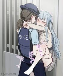 2girls bang_dream! bang_dream!_it's_mygo!!!!! black_hair blue_hair blue_hat blush chinese_commentary closed_mouth commentary_request futa_with_female futanari grey_skirt hair_ribbon hat highres long_hair low_ponytail medium_hair multiple_girls no_shoes police police_uniform policewoman ribbon sex shirt skirt socks standing standing_sex togawa_sakiko twitter_username white_shirt white_socks yellow_eyes yukikuma_(yukikuma_018)