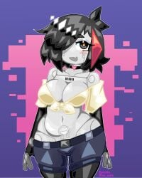 barcode black_hair blush choker heart_choker jun_(mdrg) my_dystopian_robot_girlfriend open_smile pubic_tattoo robot robot_girl robot_humanoid short_jeans smile tied_shirt xz_epic