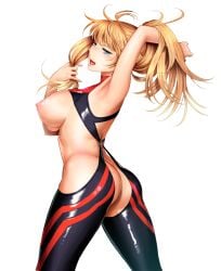 1girls arm_up armpits ass bare_arms bare_shoulders blonde_hair blue_eyes blush bodysuit breasts butt_crack cowboy_shot curvy female_focus from_side half-closed_eyes hand_in_own_hair hand_up highres hip_focus large_breasts legs lips long_hair looking_at_viewer looking_back miyabi_(miyabi_r18) nipples nose_blush o-ring open_mouth original pose simple_background smile solo tsurime turtleneck white_background wide_hips