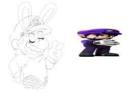 1man belly_bulge bulge bulge_through_clothing bunny_ears bunnysuit evil eyeshadow funny grin hat joke male male_only meme moustache no_color old_art p64official plump polygon_64 reference_image seductive sketch smg3 smg4 white_background wink winking_at_viewer xd