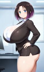 1girls ai_generated big_breasts black_hair blue_eyes breasts_bigger_than_head dragon_maid elma_(dragon_maid) enormous_breasts ftggtgg gigantic_breasts gradient_hair huge_ass huge_breasts hyper_breasts large_breasts massive_breasts miniskirt miss_kobayashi's_dragon_maid office office_lady purple_hair short_hair smile solo solo_female solo_focus thick_thighs voluptuous voluptuous_female