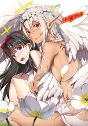 2girls angel_wings big_breasts black_hair breasts dark-skinned_female dark_elf dark_skin ecstas_online halo hug long_hair oerba_yun_fang purple_eyes red_eyes satanachia shizukuishi_non thighs wings