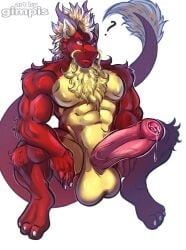 absurd_res anthro balls barazoku breasts digital_media_(artwork) dragon eastern_dragon erection fur genitals gimpis hair hi_res jock male muscular mythological_creature mythological_scalie mythology nipples nude pecs penis scalie shocked simple_background solo surprised tail