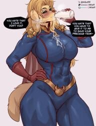 1girls anthrofied big_breasts blue_eyes blush breasts clothed clothed_female clothing color dialogue drinking english_text female female_focus female_only femlander fully_clothed furry furry_only genderswap genderswap_(mtf) homelander looking_at_viewer miloff muscular muscular_female open_eyes rule_63 smile text the_boys thick_thighs thighs twitter_link white_background