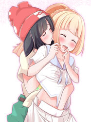 2girls beanie biting black_hair blonde_hair blush closed_eyes female_only hand_under_clothes hat highres human human_only lillie_(pokemon) multiple_girls nintendo open_mouth pokemon pokemon_sm ponytail saliva selene_(pokemon) short_hair short_sleeves skirt sweat teliga tied_hair wet white_skirt yuri