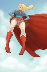 2026 2d ass bare_legs blonde_hair blue_eyes boots bubble_butt busty cameltoe cape dc dc_comics devil_hs female female_focus female_only flying full_body hourglass_figure long_hair low-angle_view miniskirt panties skirt supergirl superman_(series) sweater tagme upskirt wide_hips