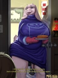 2_horns animal_genitalia animal_penis anthro balls big_balls big_breasts big_penis boss_monster_(undertale) bovid breasts caprine clothing dialogue english_text equine_genitalia equine_penis fur futanari genitals goat handwear hi_res horizontal_pupils horn huge_breasts inside intersex long_ears magnetus mammal milf oven_mitts penis pupils purple_eyes robe scut_tail short_tail solo standing tail text thick_thighs toriel undertale_(series) white_body white_fur wide_hips